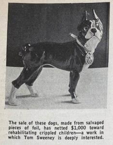Toy dog made from melted-down scrap foil, sold to benefit Kosair Children's Hospital, a benefit supported by author's great-uncle Thomas Sweeney, in 1934.